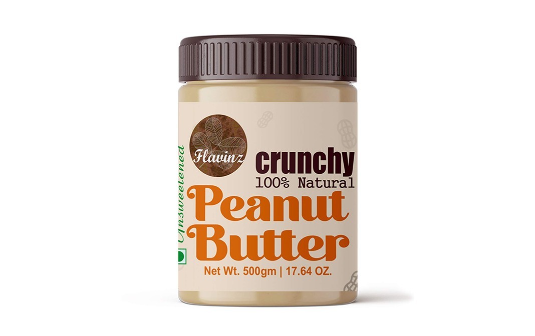 Flavinz Crunchy 100% Natural Peanut Butter Unsweetened   Plastic Jar  500 grams
